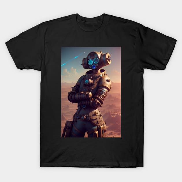 Cybernetic steampunk robot posing T-Shirt by newbeltane